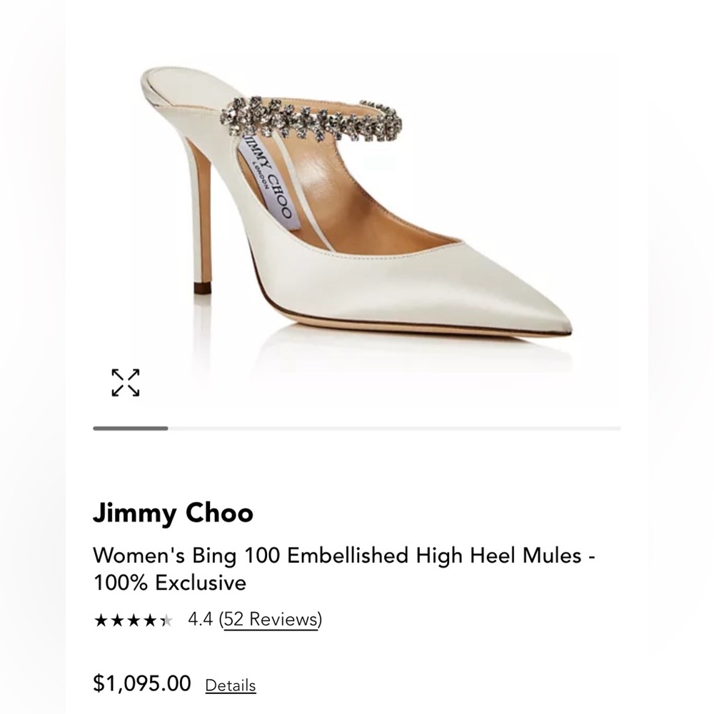 Jimmy Choo Ivory Satin Bing 100 Embellished High Heel Mules size 37 1/2